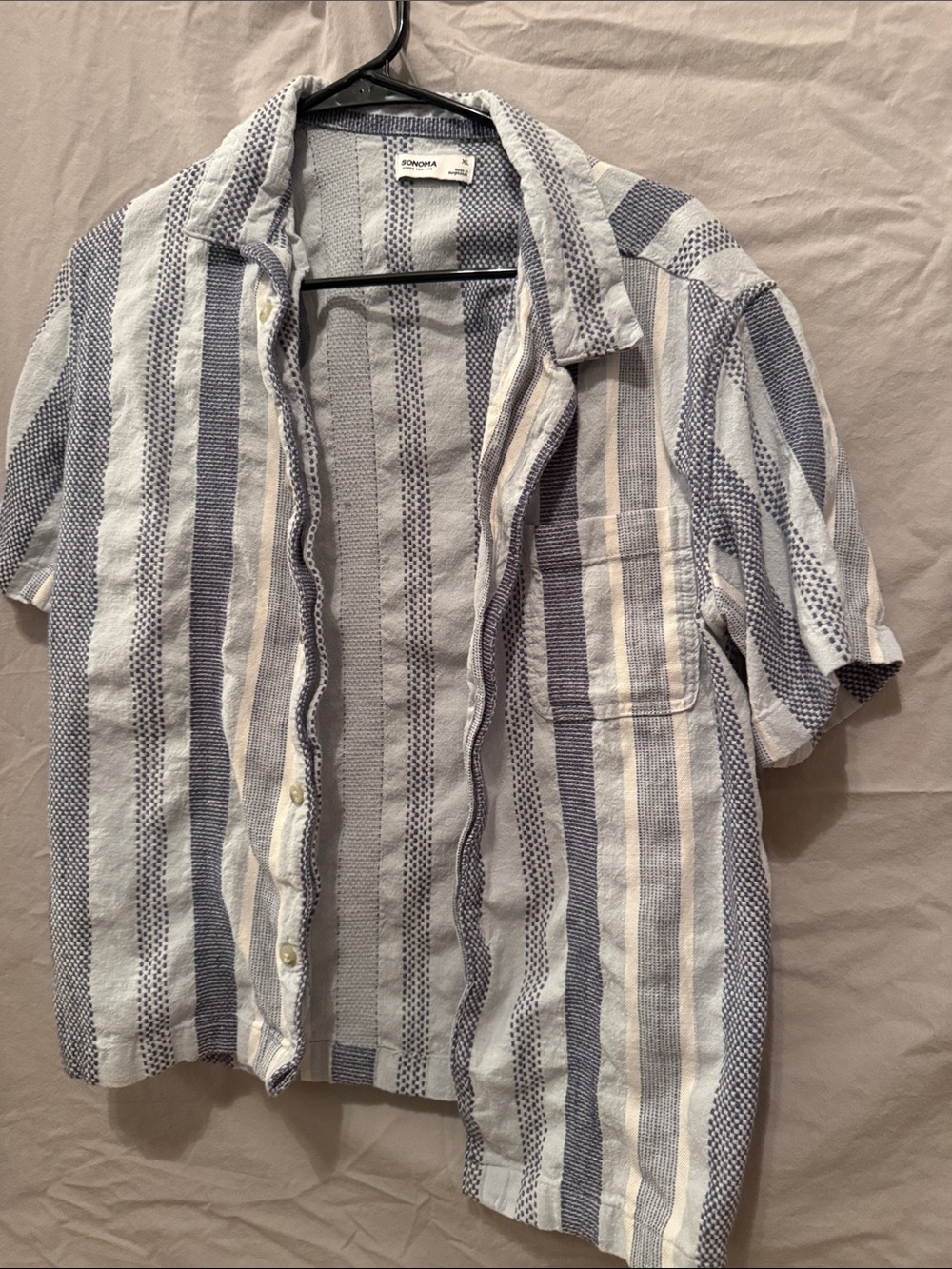 Boys Sonoma Vertical Stripe Short-Sleeve Button-Up in Blue and Cream